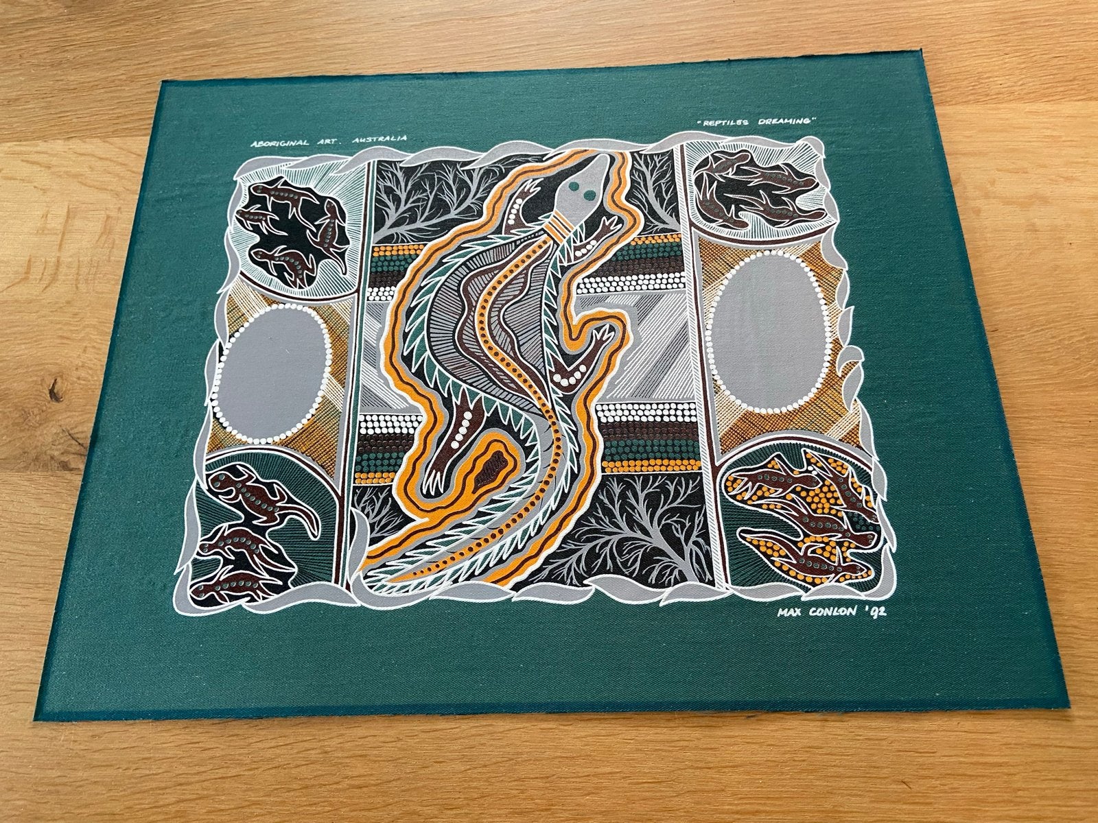 Aboriginal Kunst Australië - Reptiles Dreaming - 50x40cm, Ophalen of Verzenden, Meerkleurig, Geschilderd, Overige herkomsten