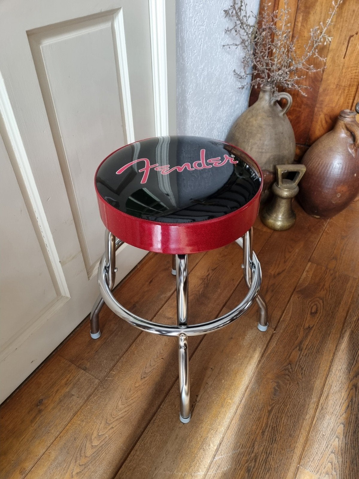 Fender Red Sparkle Logo zwart-rood-chroom gitaarkruk (61 cm), Ophalen, Zo goed als nieuw, Overige typen
