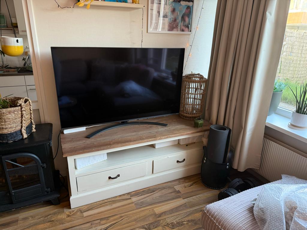 Stijlvolle tv-kast met lades en open vakken, Huis en Inrichting, Ophalen, Gebruikt, 100 tot 150 cm, Minder dan 100 cm