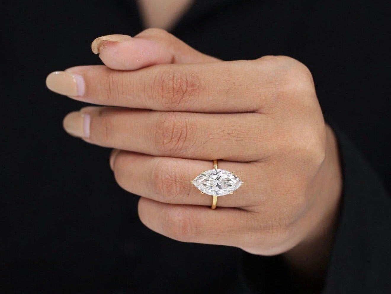 14K gouden ring met grote 5.00ct marquise diamant- 17,5mm, Nieuw, Ophalen of Verzenden, 17 tot 18, Met edelsteen