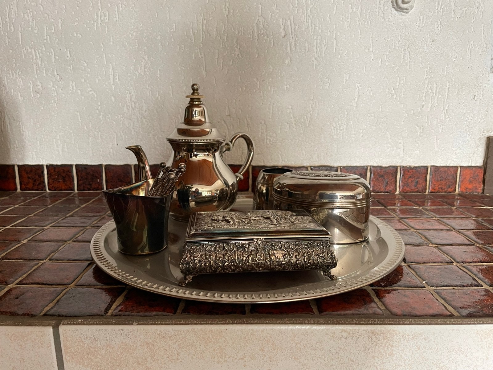 Vintage verzilverd theeservies met dienblad, Antiek en Kunst, Ophalen, Zilver