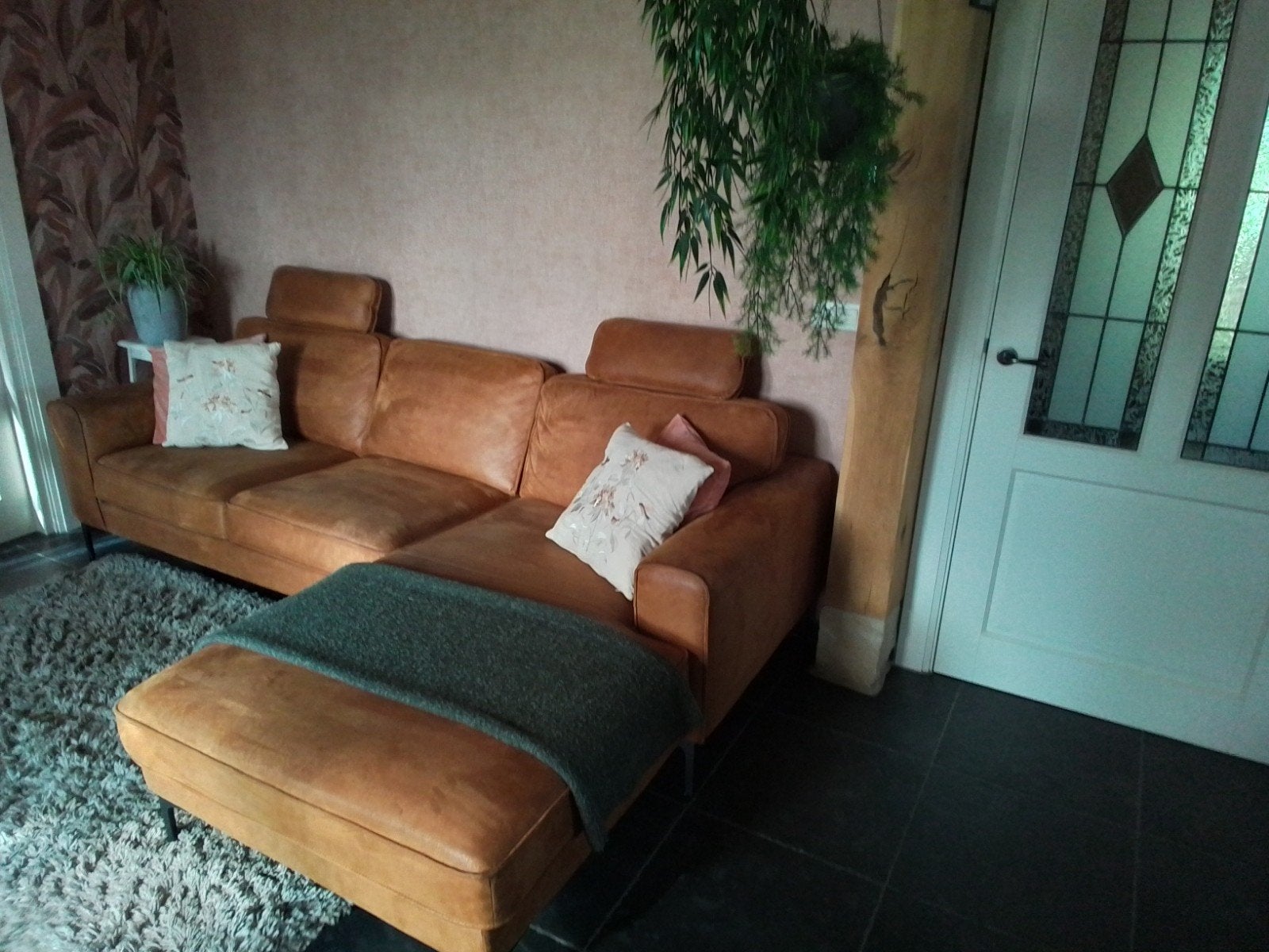 Cognac-kleurige hoekbank met loungegedeelte, Ophalen, 250 tot 300 cm, Gebruikt, Hoekbank