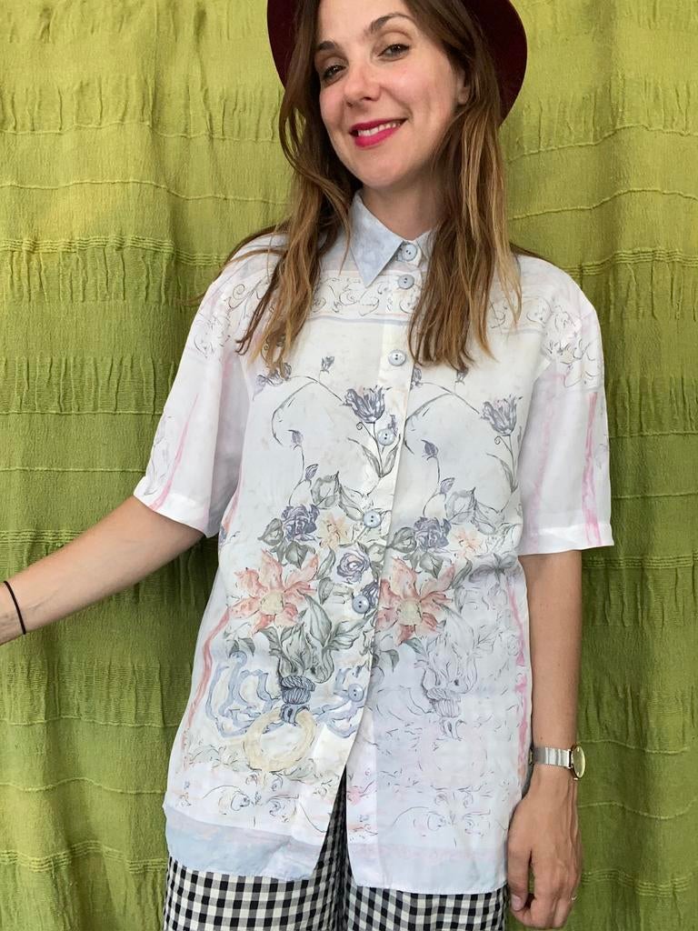 Vintage blouse - pastel / wit - print - 38/M/medium, Kleding | Heren, Hgv, Wit, Hgv, Ophalen of Verzenden