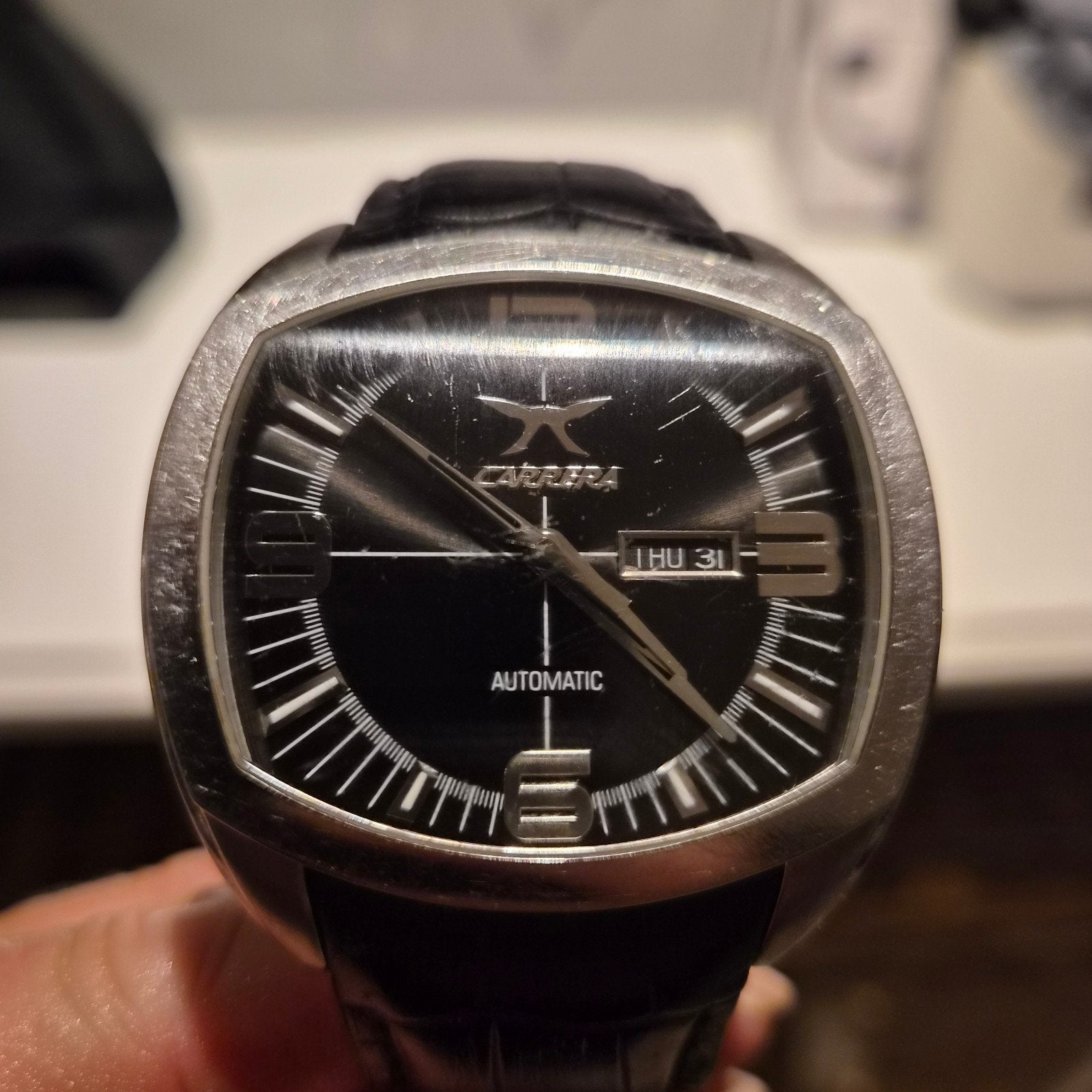 Carrera Automatisch Horloge met Zwart Leren Bandje, Overige merken, Staal, Polshorloge, Ophalen of Verzenden