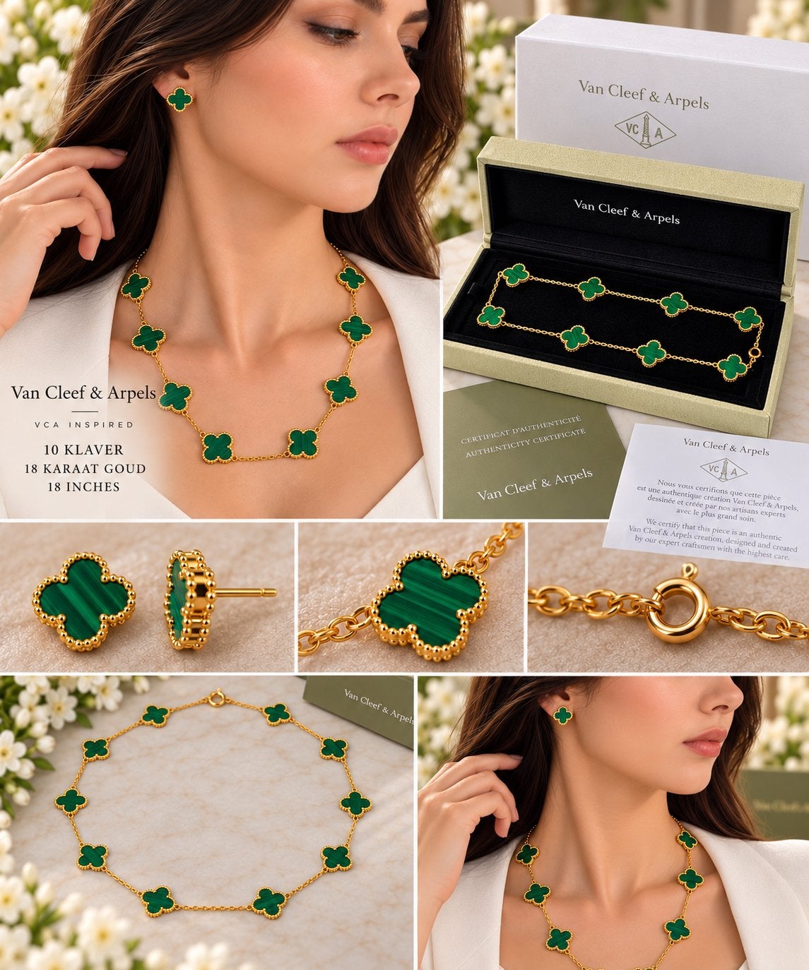 VCA Inspired 10 Klaver Ketting Groen – 18 Karaat Goud, Sieraden, Tassen en Uiterlijk, Ophalen of Verzenden, Nieuw, Goud, Goud