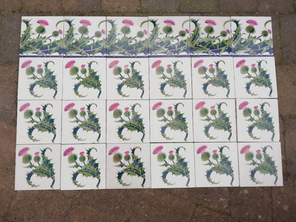 art nouveau tegel v achter fornuis groen-roze-paars, Antiek en Kunst, Ophalen