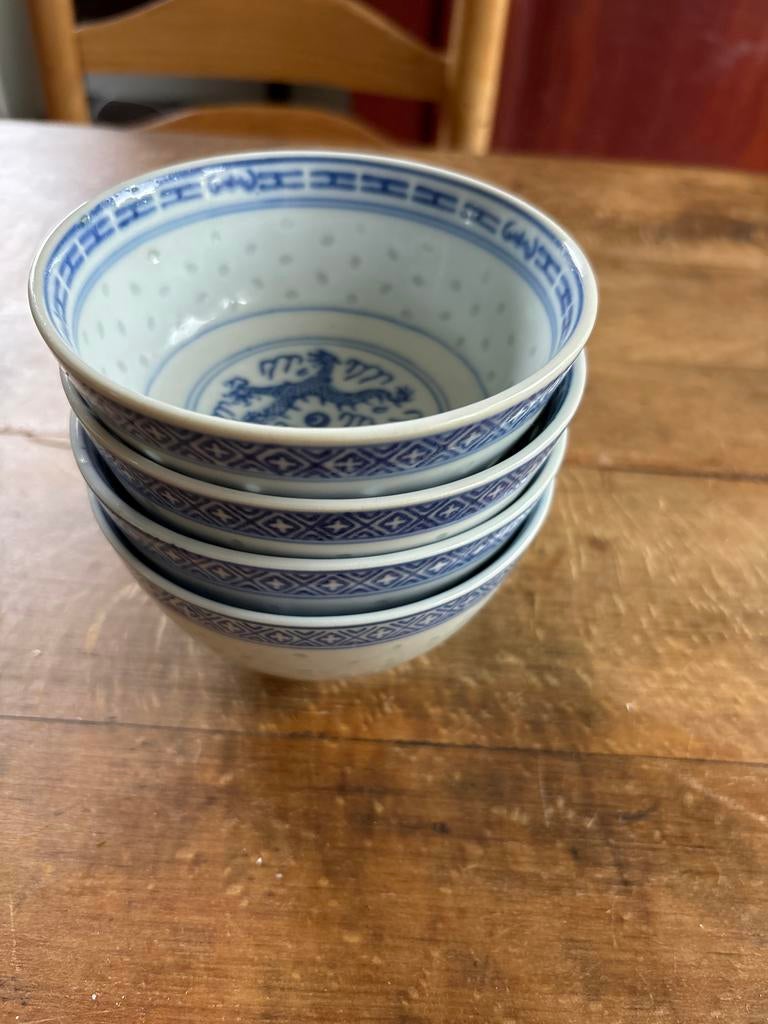 4 Chinese rijstkorrelkommen met draak, 11 cm doorsnede, Tuin en Terras, Bloempotten, Rond, Ophalen of Verzenden, Zo goed als nieuw