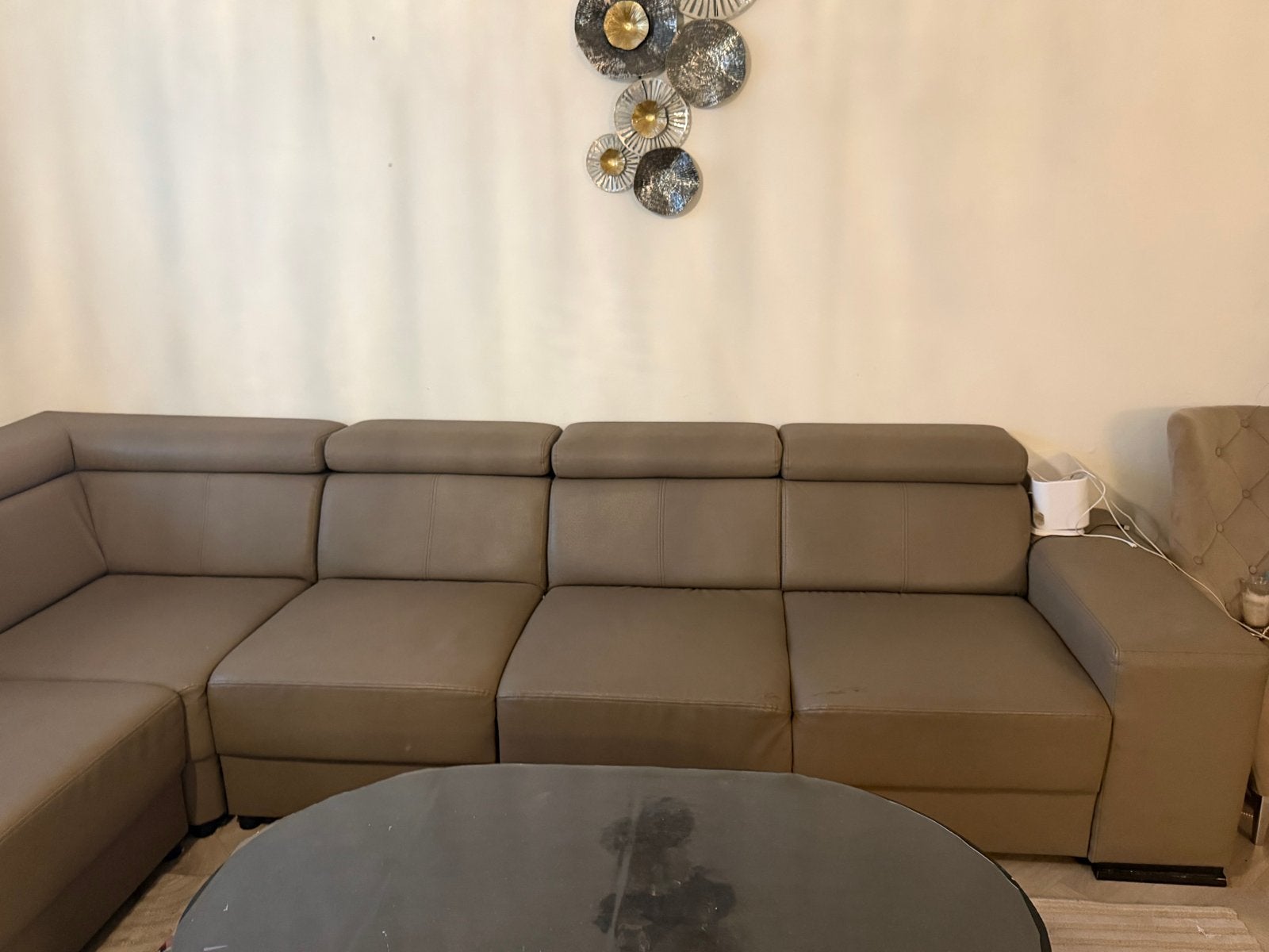 Grote hoekbank met verstelbare hoofdsteunen  315x250, Gebruikt, 100 tot 125 cm, Hoekbank, 300 cm of meer