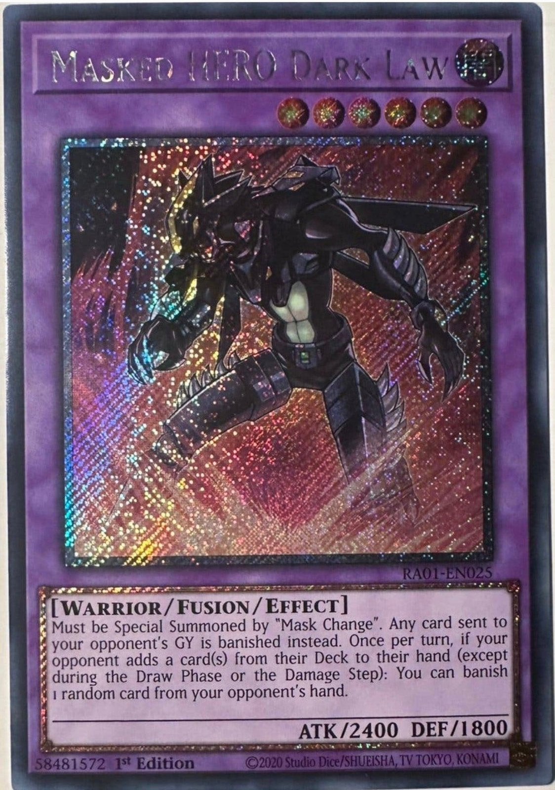 Yu-Gi-Oh! Masked HERO Dark Law RA01 1st Edition !, Ophalen of Verzenden, Zo goed als nieuw, Losse kaart, Foil