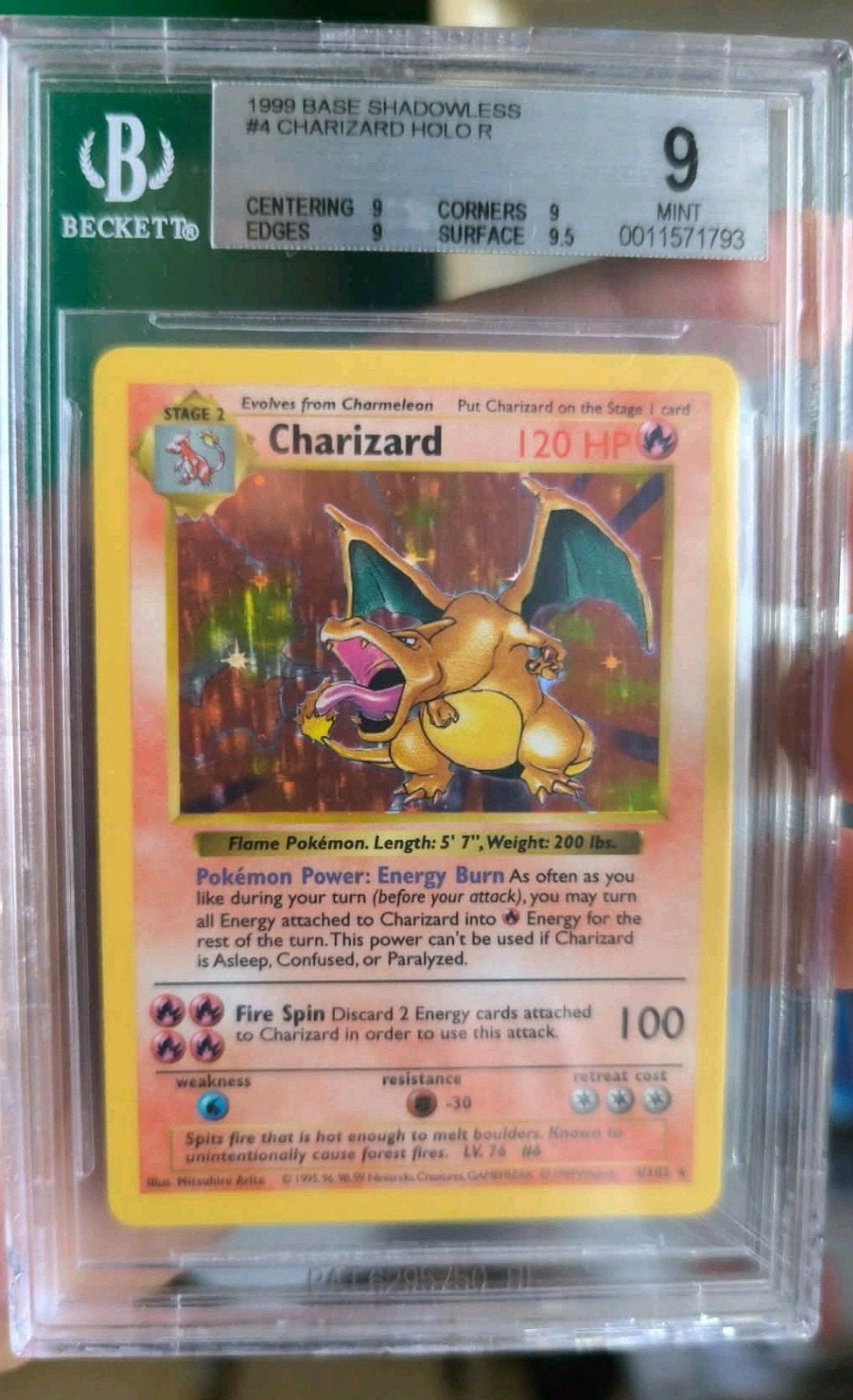 1999 Base Shadowless Charizard #4 Holo BGS 9 Mint Pokémon, Hobby en Vrije tijd, Verzamelkaartspellen | Pokémon, Foil, Ophalen of Verzenden