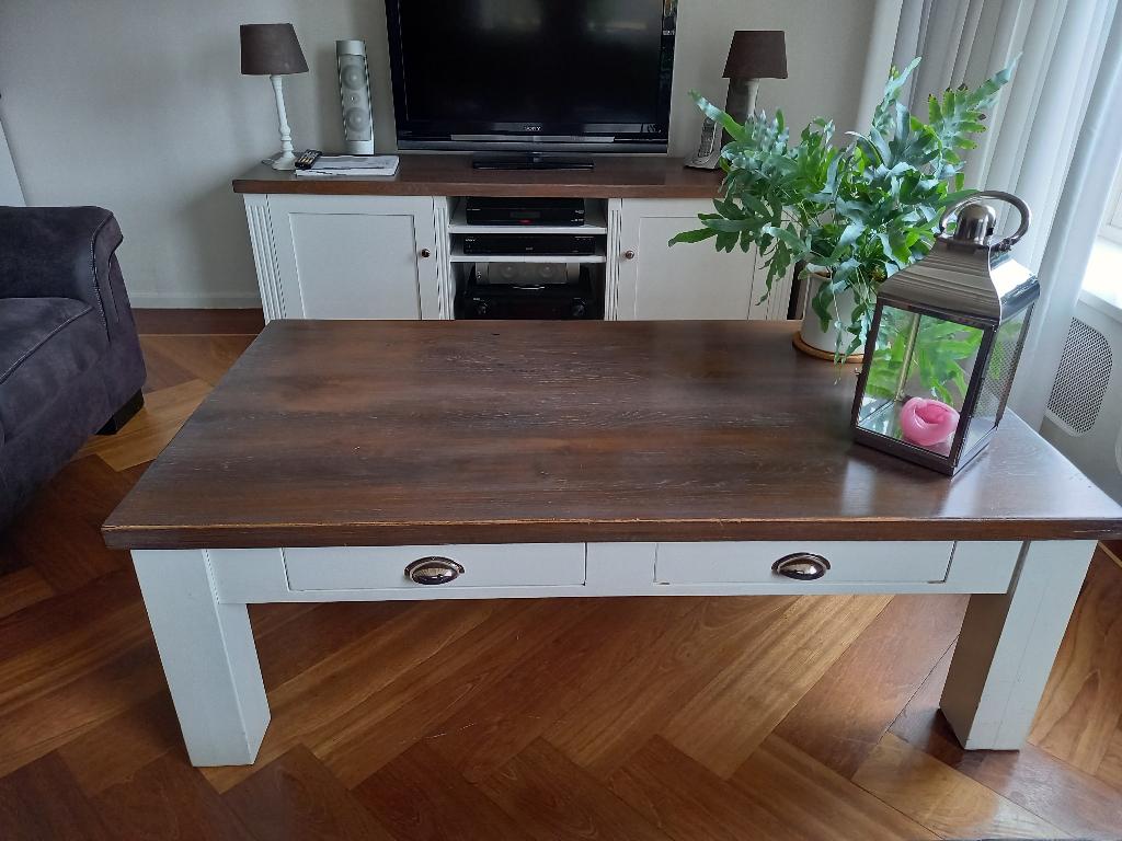 zware kwaliteit salontafel wit met eiken blad en 2 lades, Ophalen, 100 tot 150 cm, Eikenhout, 50 tot 100 cm