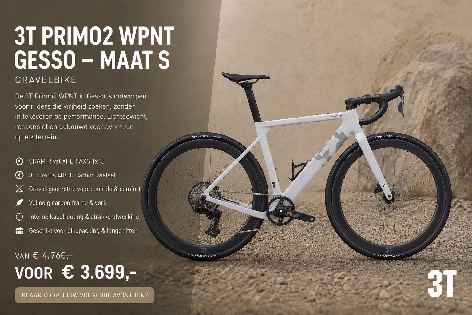 Gravelbike 3T Primo2 WPNT mt S, Fietsen en Brommers, Fietsen | Racefietsen, 28 inch, Carbon, 10 tot 15 versnellingen, Nieuw