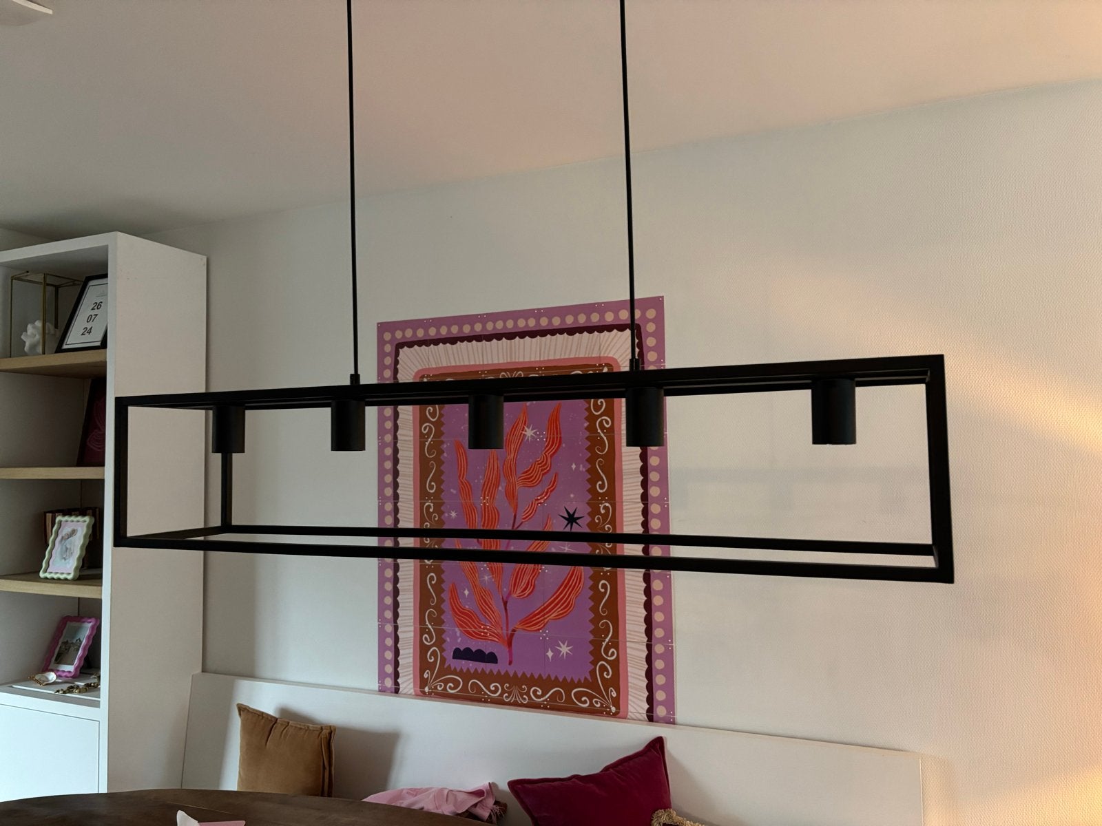 Moderne zwarte hanglamp met 5 lichtpunten, Ophalen, Zo goed als nieuw, Metaal, E27 (groot)
