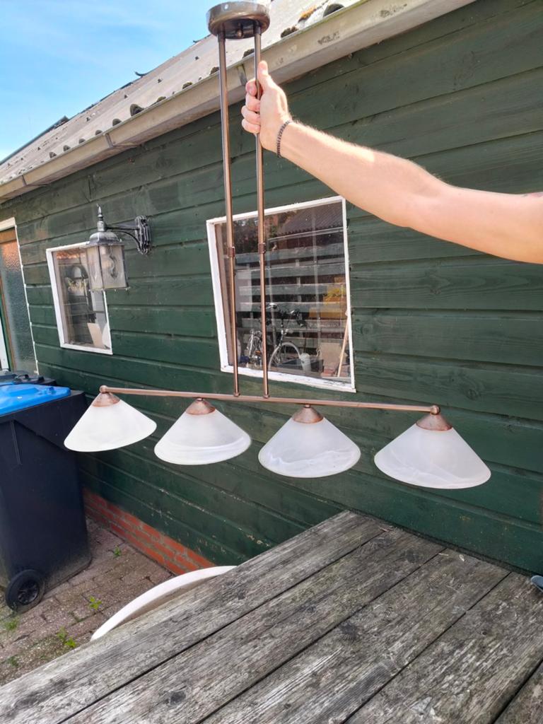 Hanglamp met 4 glazen kappen, Ophalen, Zo goed als nieuw, Metaal