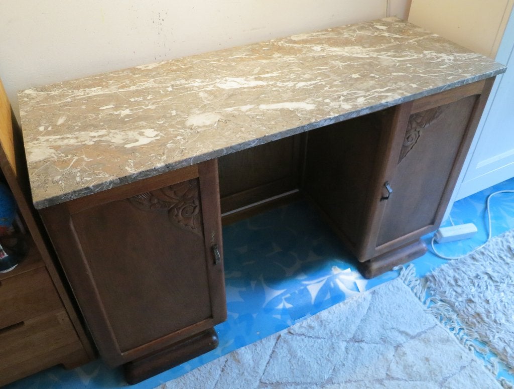 Vintage bureau met marmeren blad, Ophalen, Opbergruimte, Gebruikt, Hout