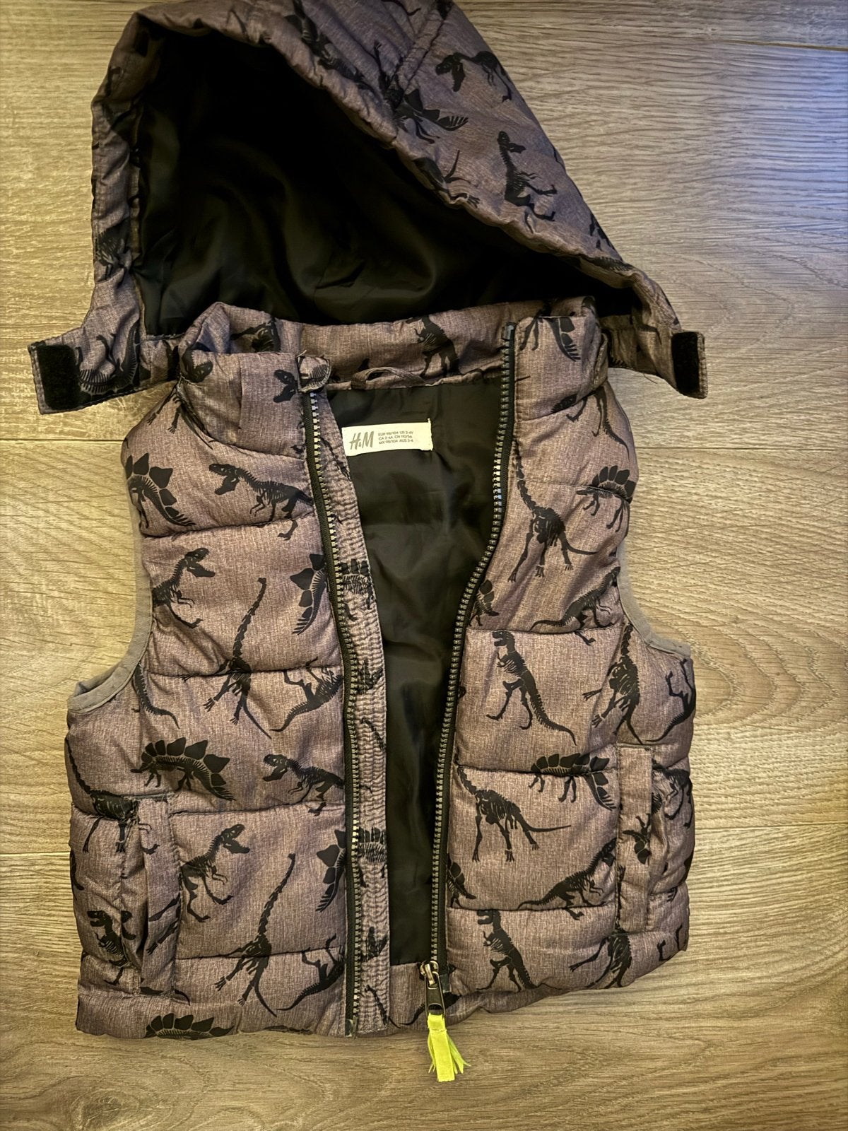 H&M Bodywarmer met capuchon 98/104 Dino print (maat 98/104), Ophalen of Verzenden, Zo goed als nieuw, Jongen, Jas