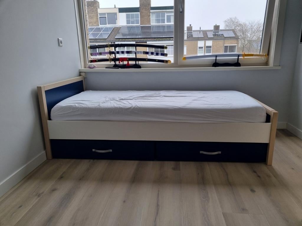 Mooi 1 persoonsbed Troy met opberglade en lattenbodem, Ophalen, Gebruikt, 90 cm, Eenpersoons