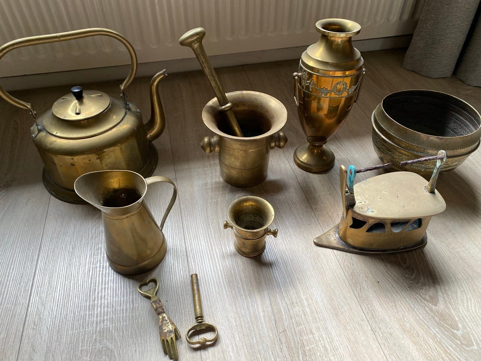 Antieke Messing Collectie: Ketel, Vijzel, Strijkijzer & Meer, Ophalen of Verzenden, Koper