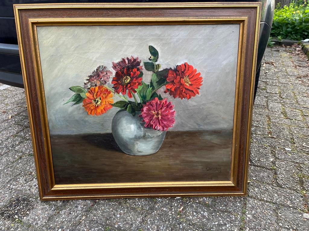 Groot antiek olieverf bloemen schilderij, Ophalen of Verzenden
