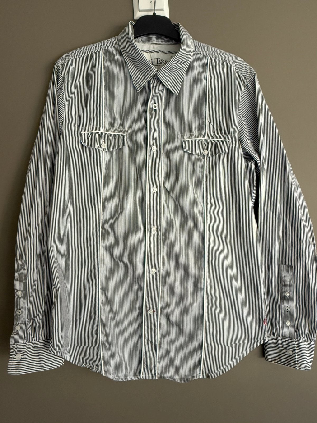 Heren blouse Guess maat XL donker blauw gestreept, Verzenden, Zo goed als nieuw, Blauw, Halswijdte 43/44 (XL)