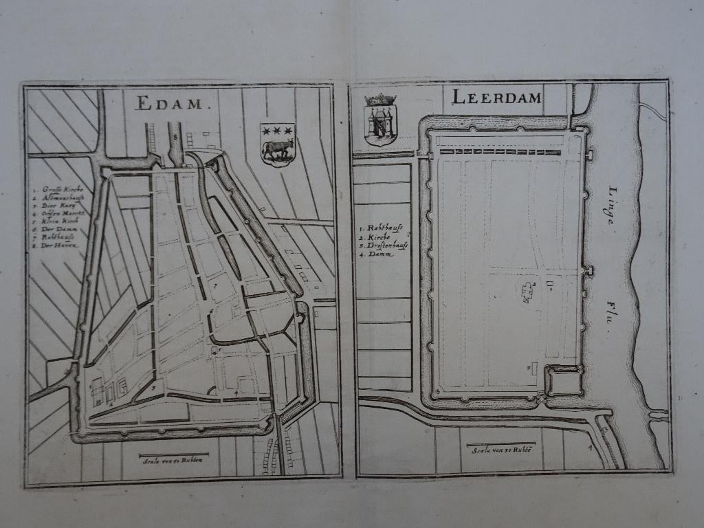 gravure plattegrond Edam en Leerdam, Caspar Merian, 1670, Antiek en Kunst, Kunst | Etsen en Gravures, Gravure, Origineel, Cartografie