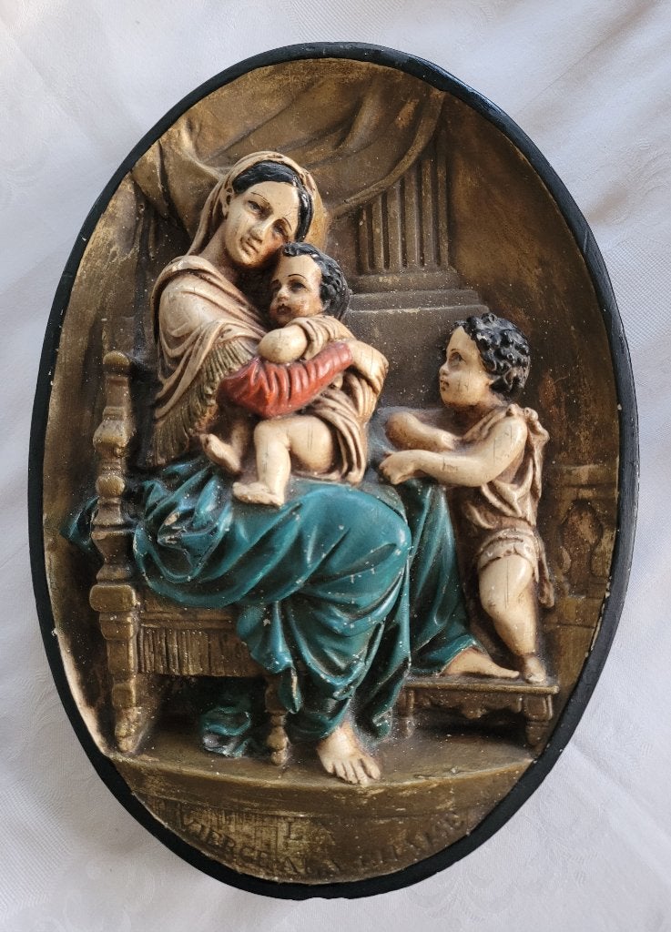 Antieke plaquette Madonna met Jezus en Johannes, Ophalen of Verzenden