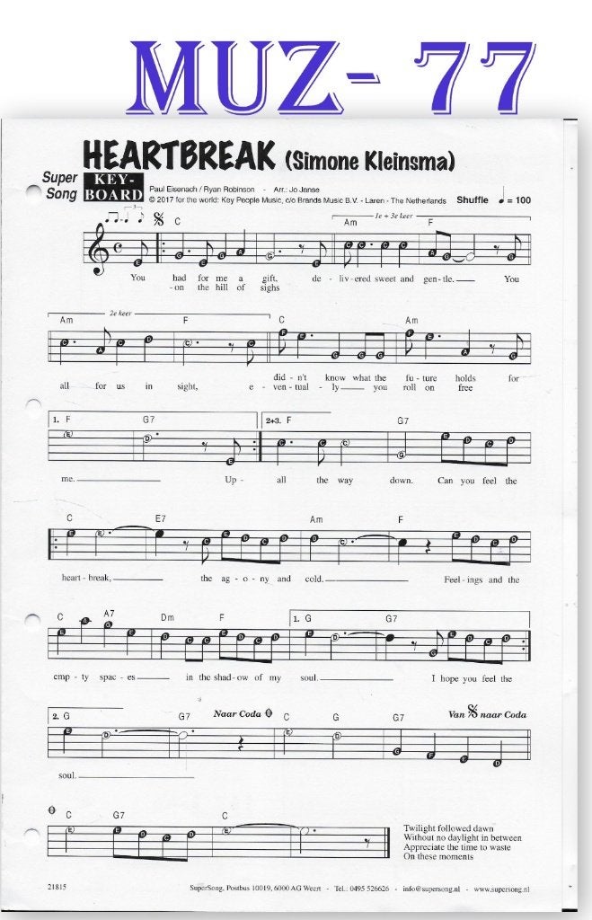 Muz77 bladmuziek super song Heartbreak ( Simone Kleinsma ), Ophalen of Verzenden, Artiest of Componist, Populair, Keyboard