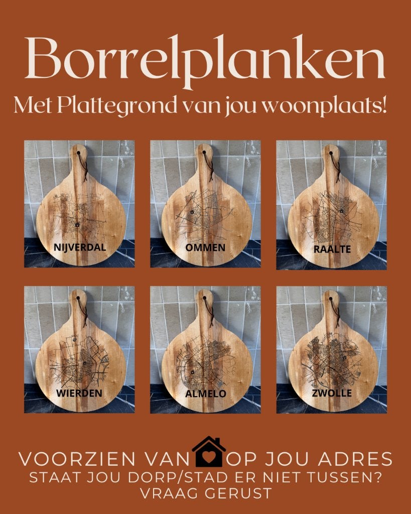 borrelplank/serveerplank met plattegrond van jou woonplaats, Beige, Hout, Snij-/serveerplank, Nieuw