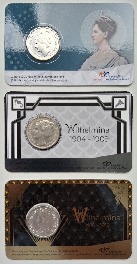 Set coincards Wilhelmina ½ Gulden 1909, 1919 en 1930, Verzenden, Koningin Wilhelmina, Setje