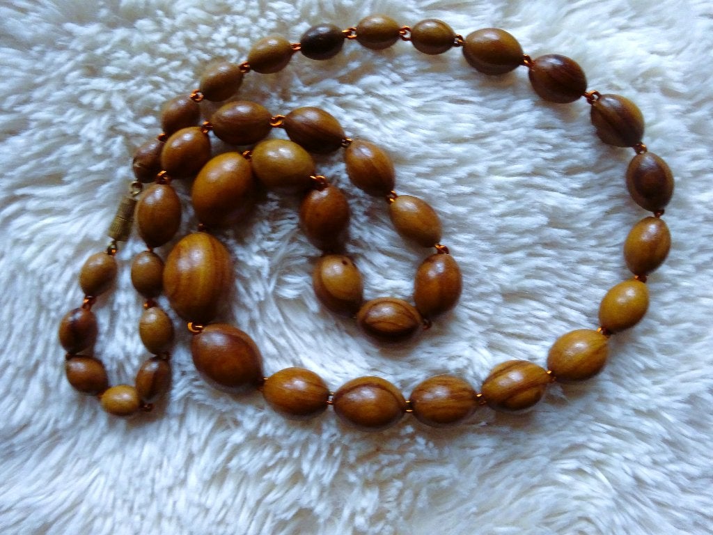 Vintage gekettelde Hout Kralen Ketting Bruin, Verzenden, Gebruikt, Bruin, Overige materialen