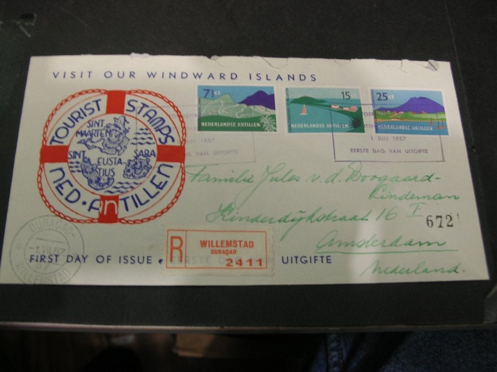 FDC Ned Antillen 1957 Toerisme, Ophalen of Verzenden, Gestempeld