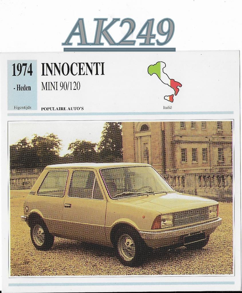 Ak249 autokaart innocenti mini 90/120 ( 1974 ), Ophalen of Verzenden, Zo goed als nieuw, Auto's