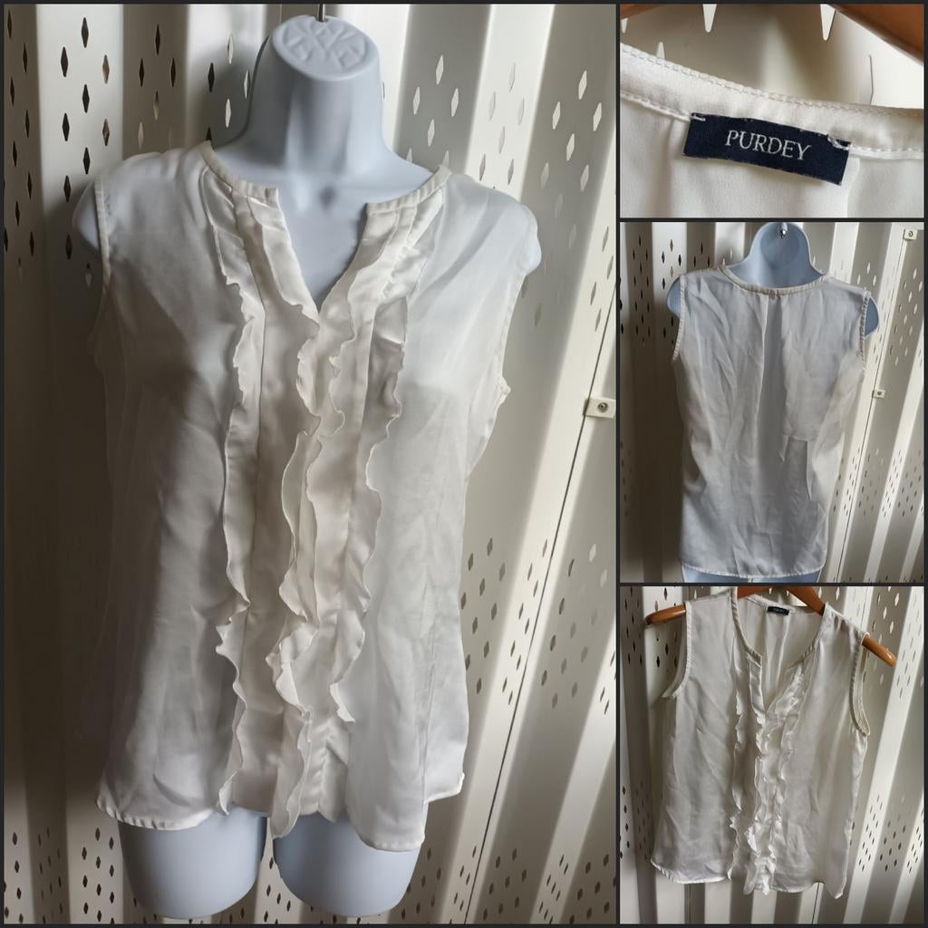 Mooie off-white mouwloze blouse met ruches van Purdey M, Maat 38/40 (M), Wit, Ophalen of Verzenden, Zo goed als nieuw