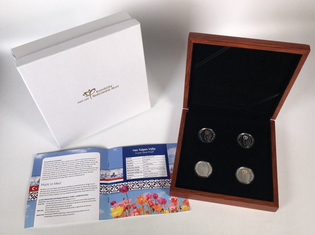 Nederland munten set KNM 5 Euro 2012 Tulpen Kleurenset Proof, Koningin Beatrix, Zilver, Overige waardes, Verzenden