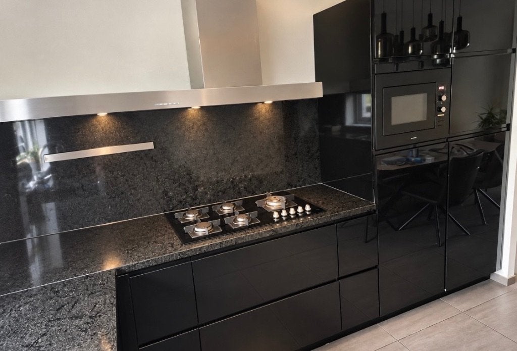 ✨LUXE ZWARTE HOOGGLANS GREEPLOOS KEUKEN+APPARATUUR✨, Ophalen, Zwart, Hoekkeuken, Graniet of Steen