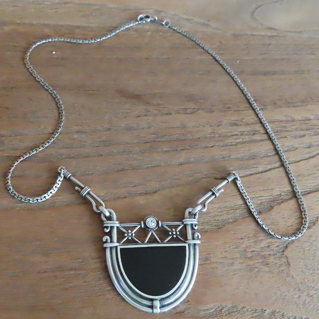 Koopje! Zilveren Art Deco collier/ onyx en swarovski, incl v, Met edelsteen, Verzenden, Zo goed als nieuw, Zilver