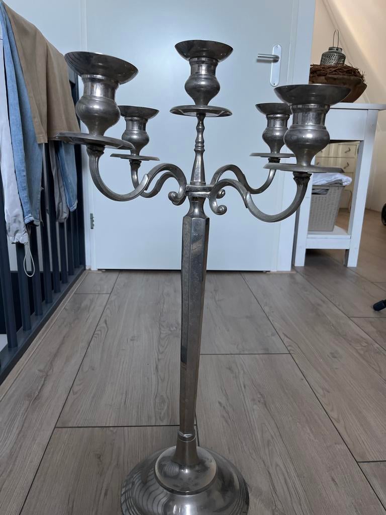Grote zilverkleurige kandelaar met 5 armen, Antiek en Kunst, Ophalen of Verzenden, Overige materialen
