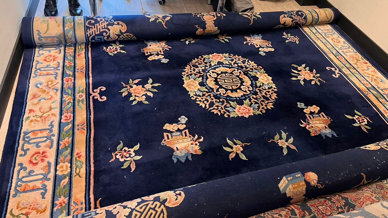 -50% KORTING | Handgeknoopt Chinees Tapijt, Ophalen, Gebruikt, Blauw, 200 cm of meer