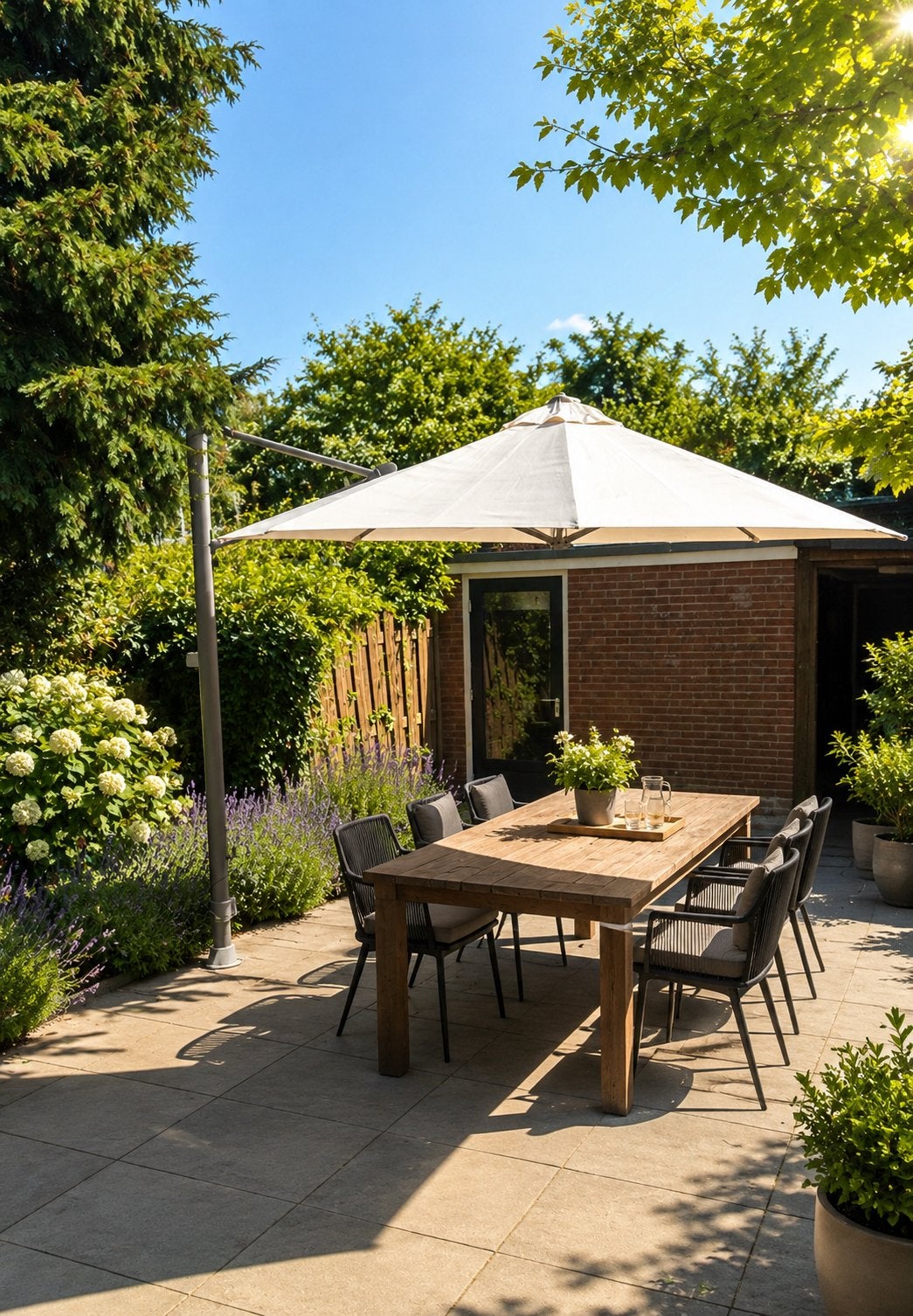 SOLERO zweefparasol, ruim 360cm doorsnede INCL BESCHERMHOES, Ophalen of Verzenden, Gebruikt, 3 tot 4 meter, Zweefparasol