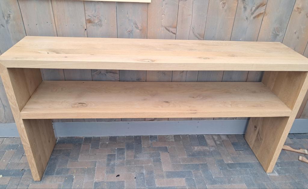 Blank eiken bijzettafel/sidetable - 150x40x50cm, 45 tot 60 cm, Gebruikt, Ophalen of Verzenden, 75 cm of meer