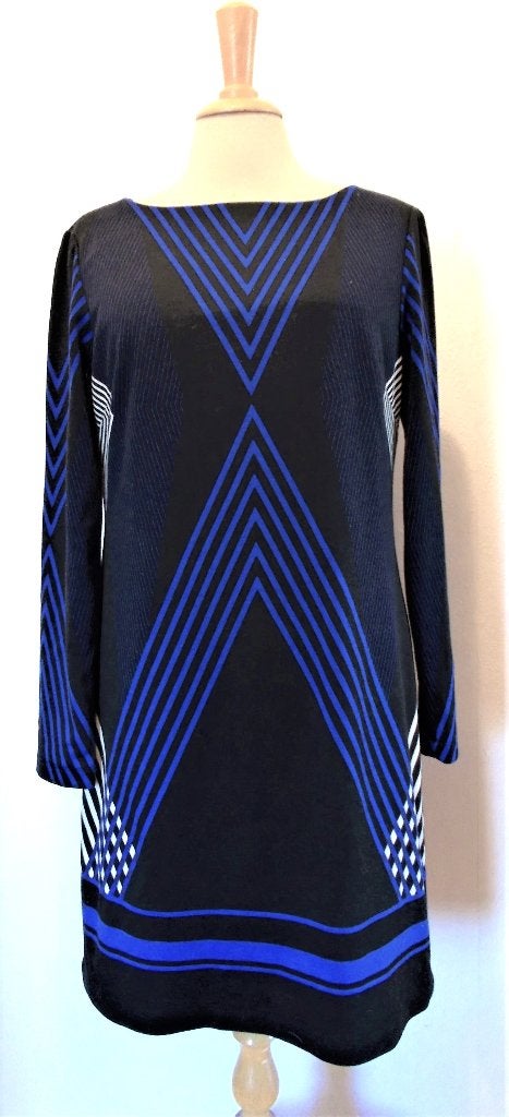 Mooi zwart/blauw print jurkje van Vince Camuto! L/6, Maat 42/44 (L), Zo goed als nieuw, Boven de knie, Verzenden