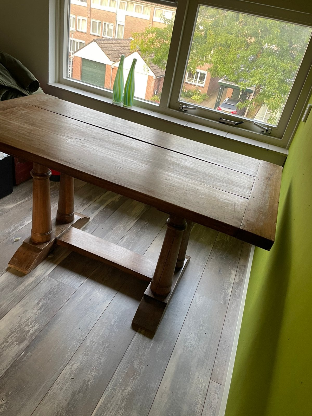 Teakhouten eettafel,  kloostertafel, Huis en Inrichting, Ophalen, Gebruikt, Teakhout, 50 tot 100 cm