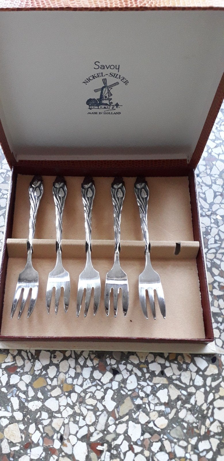 Antieke gebaksvorkjes Savoy Nickel-Silver (5 stuks), Ophalen
