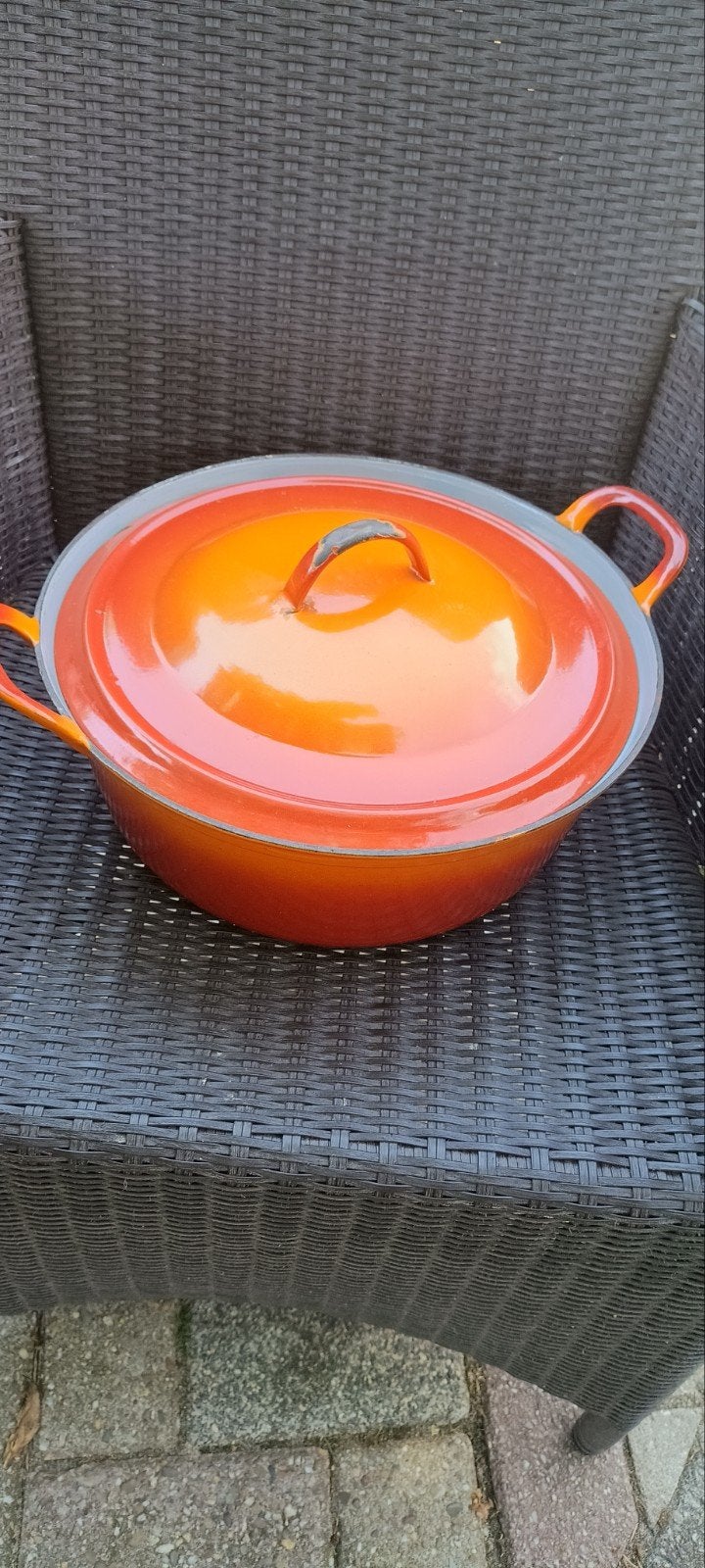 Grote emaille pan met deksel - Oranje/Blauw - Ø 30 cm, Antiek en Kunst, Antiek | Emaille, Ophalen of Verzenden