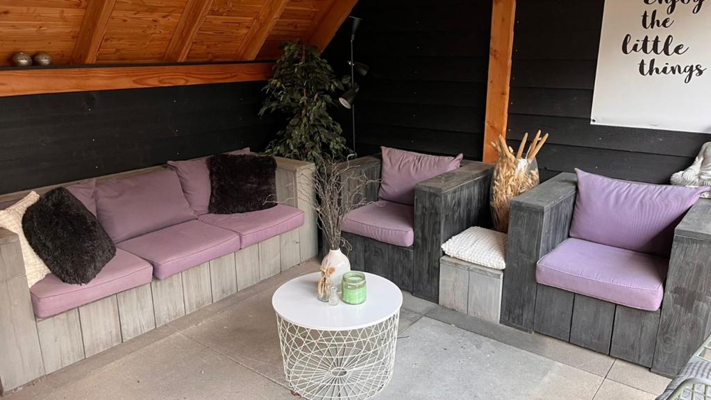 Steigerhouten tuinset inclusief kussens, Tuin en Terras, Tuinsets en Loungesets, Ophalen, Gebruikt, Steigerhout, Bank