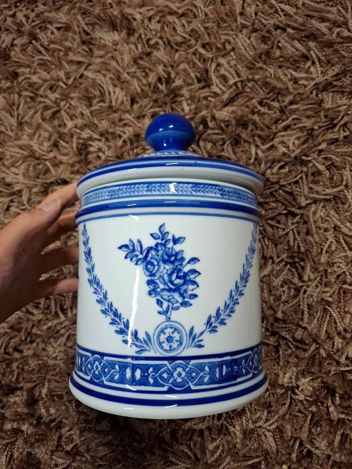 Blauw-wit porseleinen pot met deksel - Bloemmotief, Ophalen of Verzenden