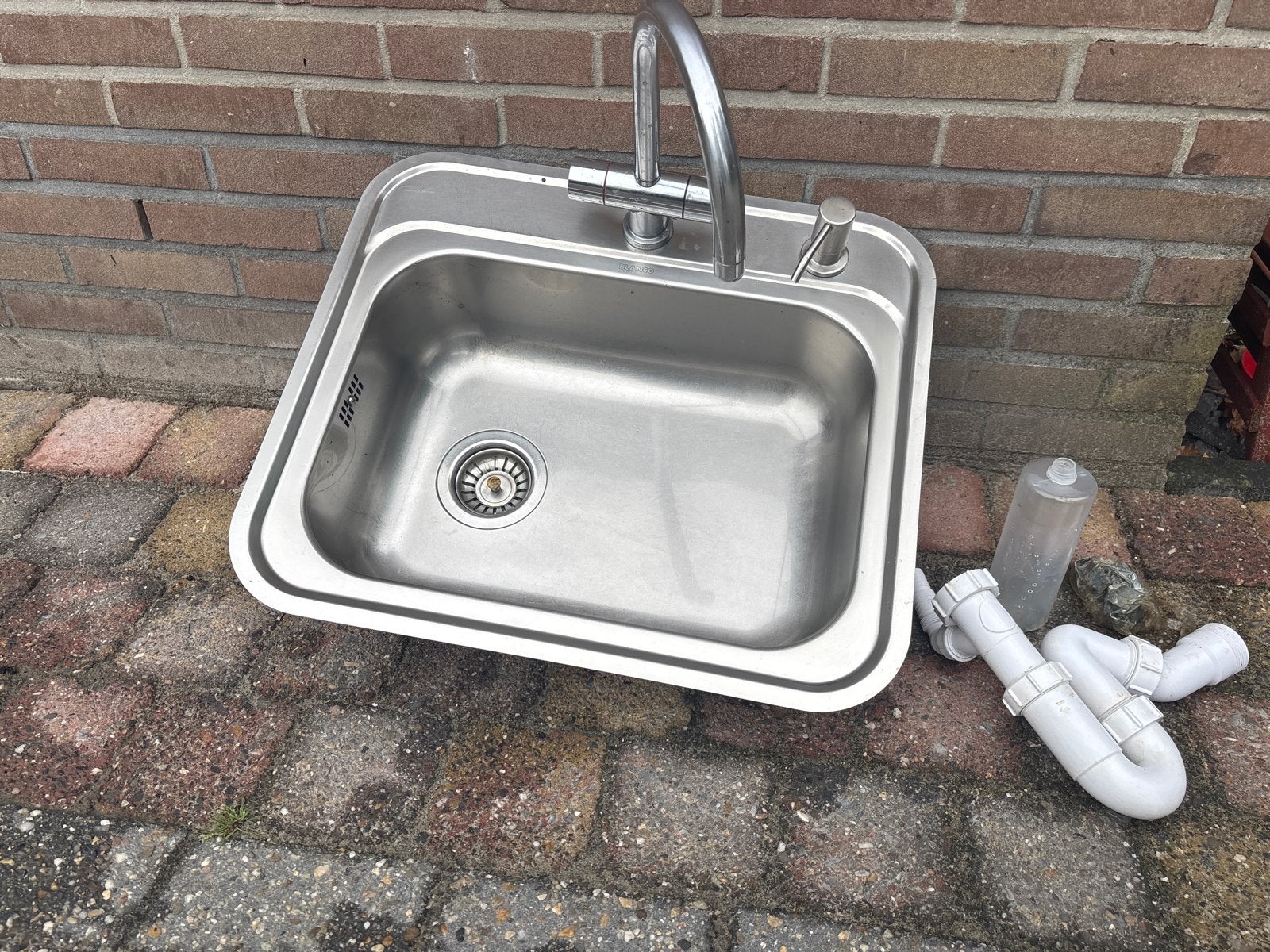 RVS Spoelbak met warm/koud kraan en Sifon - Gebruikt, Ophalen, Gebruikt, Rvs, Wastafel
