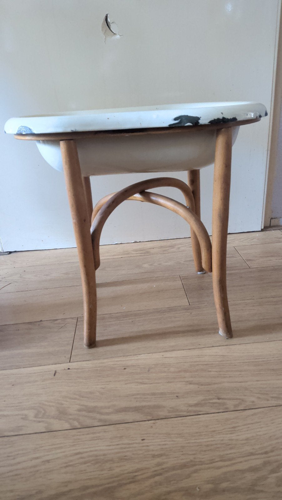 Vintage Japy Frères wastafel met houten onderstel, Ophalen of Verzenden