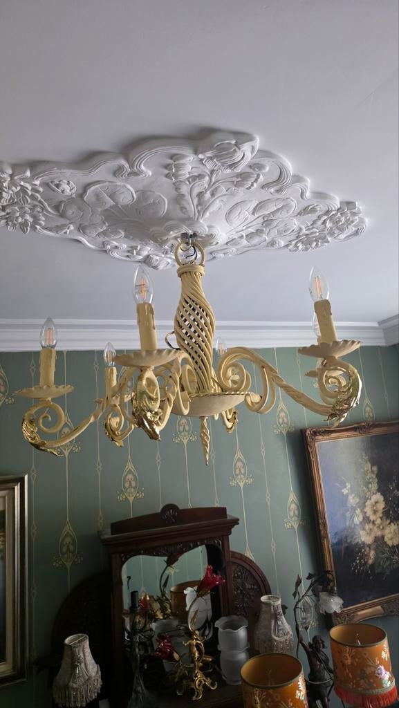 Antieke Kroonluchter met 5 Lichten - Oud Geel/Goud, Ophalen, Gebruikt, Overige materialen, Klassiek, Antiek, Barok