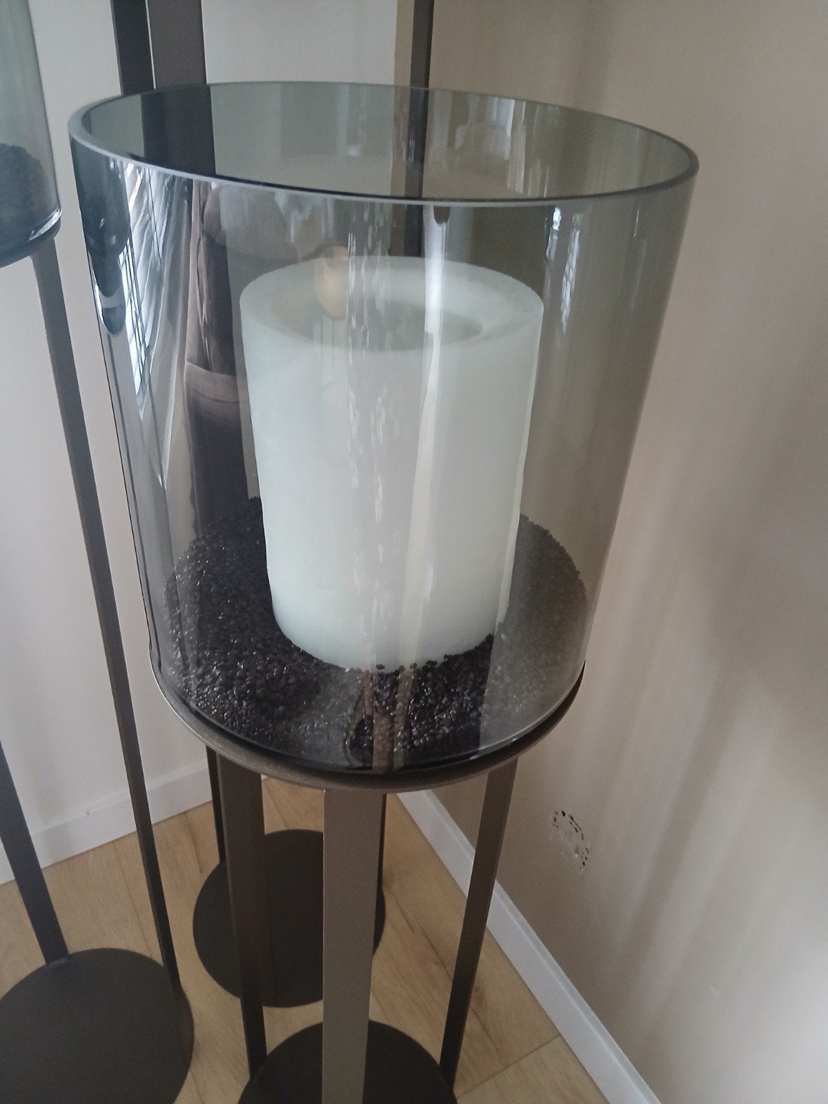 Set van 3 zwarte windlichten met glazen cilinders, Windlicht, Zwart, Ophalen of Verzenden, Zo goed als nieuw
